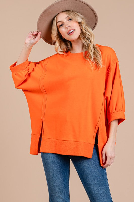 Ces Femme Side Slit Drop Shoulder Puff Sleeve Sweatshirt-TOPS / DRESSES-[Adult]-[Female]-Orange-S-2022 Online Blue Zone Planet