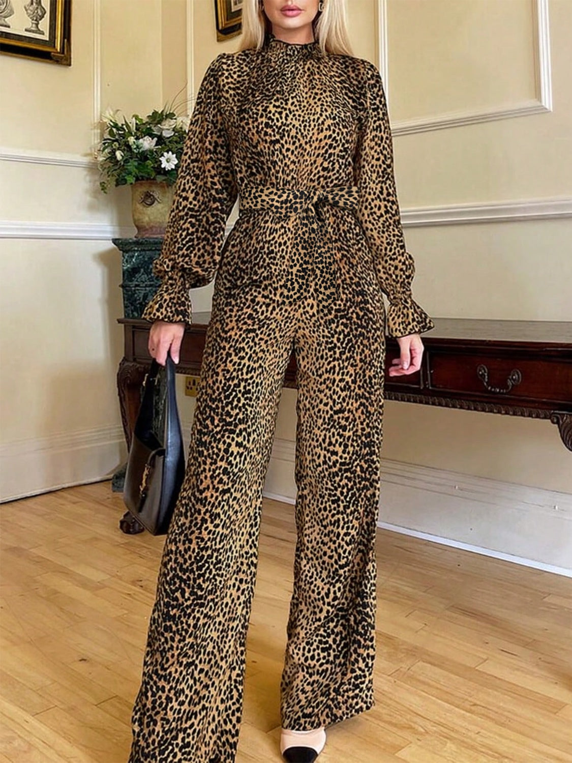 Blue Zone Planet | Leopard Flounce Sleeve Wide Leg Jumpsuit-TOPS / DRESSES-[Adult]-[Female]-2022 Online Blue Zone Planet