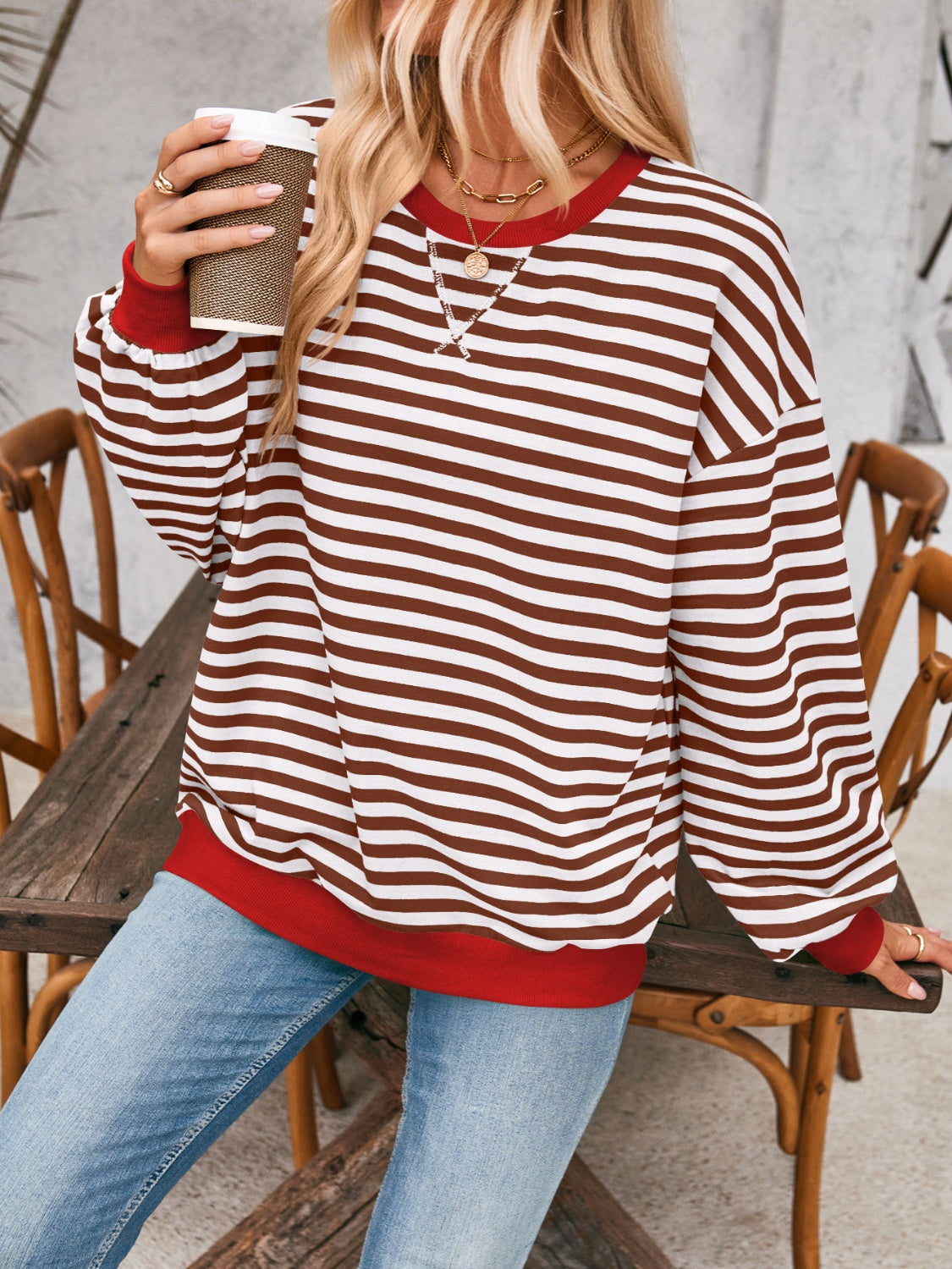 Blue Zone Planet | Lovelet Contrast Striped Long Sleeve Sweatshirt-TOPS / DRESSES-[Adult]-[Female]-2022 Online Blue Zone Planet