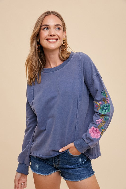 Annie Wear Embroidered Long Sleeve French Terry Top-TOPS / DRESSES-[Adult]-[Female]-2022 Online Blue Zone Planet
