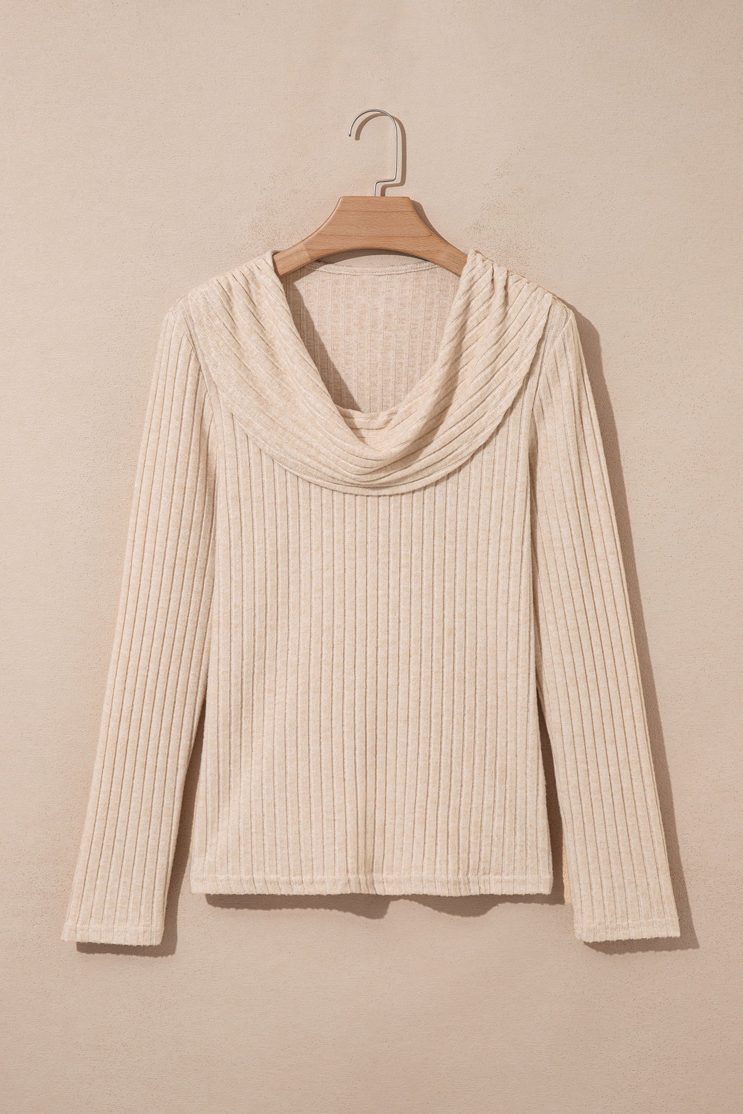 Apricot Solid Color Ribbed Knit Cowl Neck Long Sleeve Top-Tops/Long Sleeve Tops-[Adult]-[Female]-2022 Online Blue Zone Planet