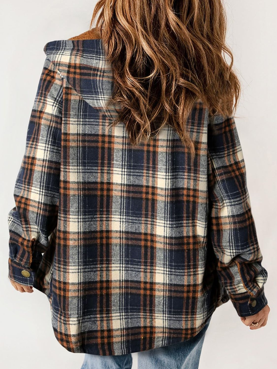 Plaid Snap Down Plush Hooded Jacket-TOPS / DRESSES-[Adult]-[Female]-2022 Online Blue Zone Planet