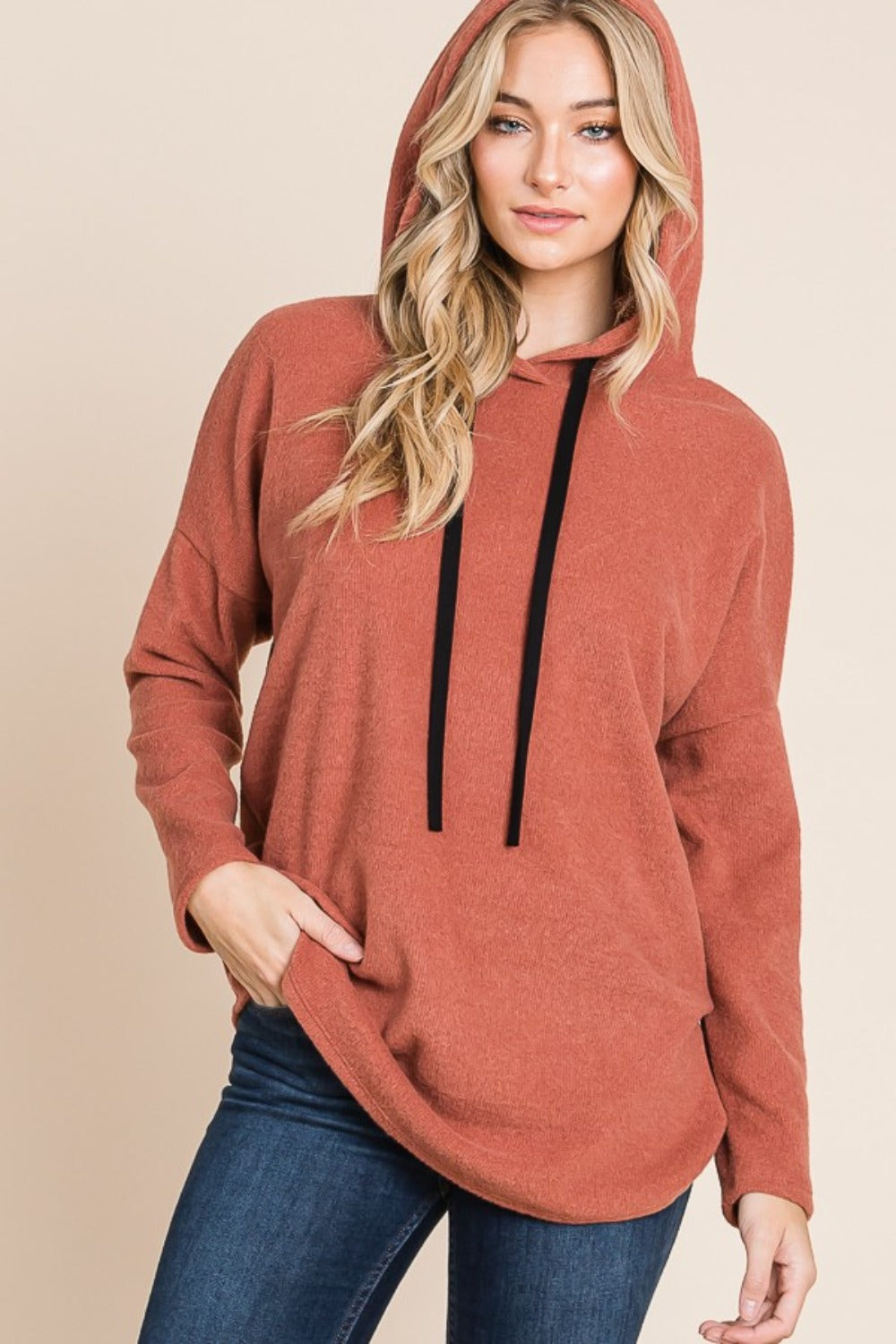 BOMBOM Contrast Drawstring Drop Shoulder Knit Hoodie-TOPS / DRESSES-[Adult]-[Female]-2022 Online Blue Zone Planet