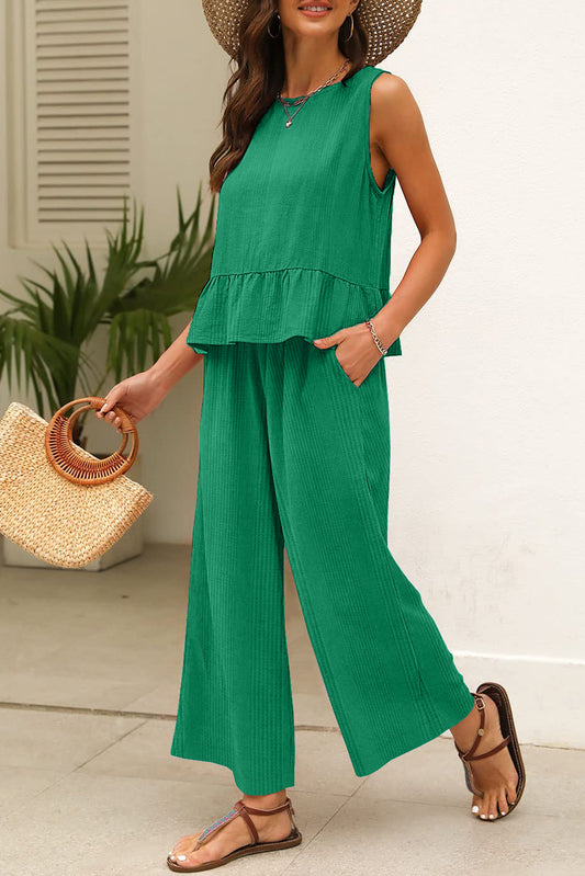 Green Solid Color Ribbed Ruffle Tank Top and Pants Set-Two Piece Sets/Pant Sets-[Adult]-[Female]-Green-S-2022 Online Blue Zone Planet
