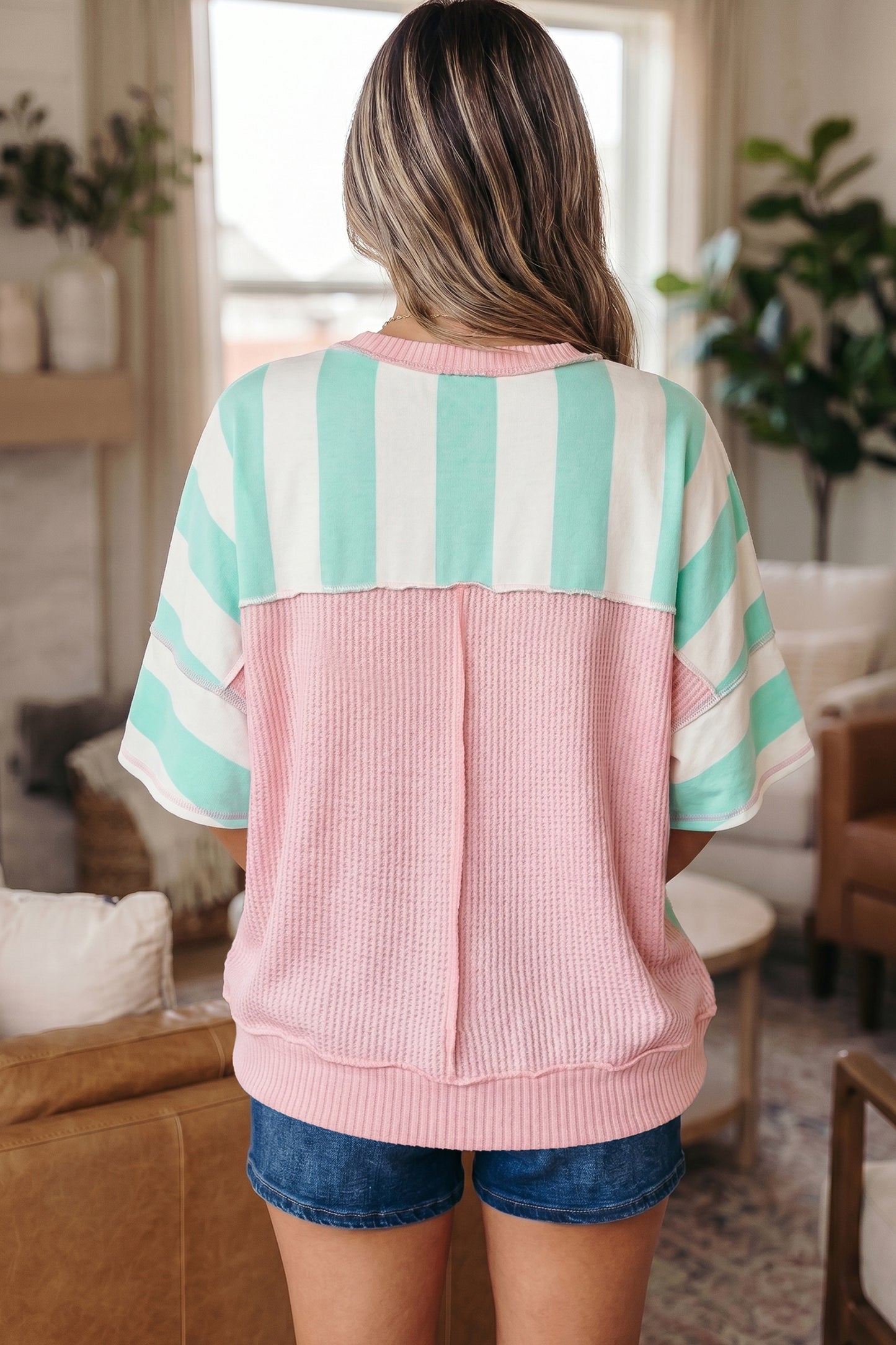 Pink Stripe Exposed Seam Ribbed Patchwork Oversized Tee-Tops/Tops & Tees-[Adult]-[Female]-2022 Online Blue Zone Planet