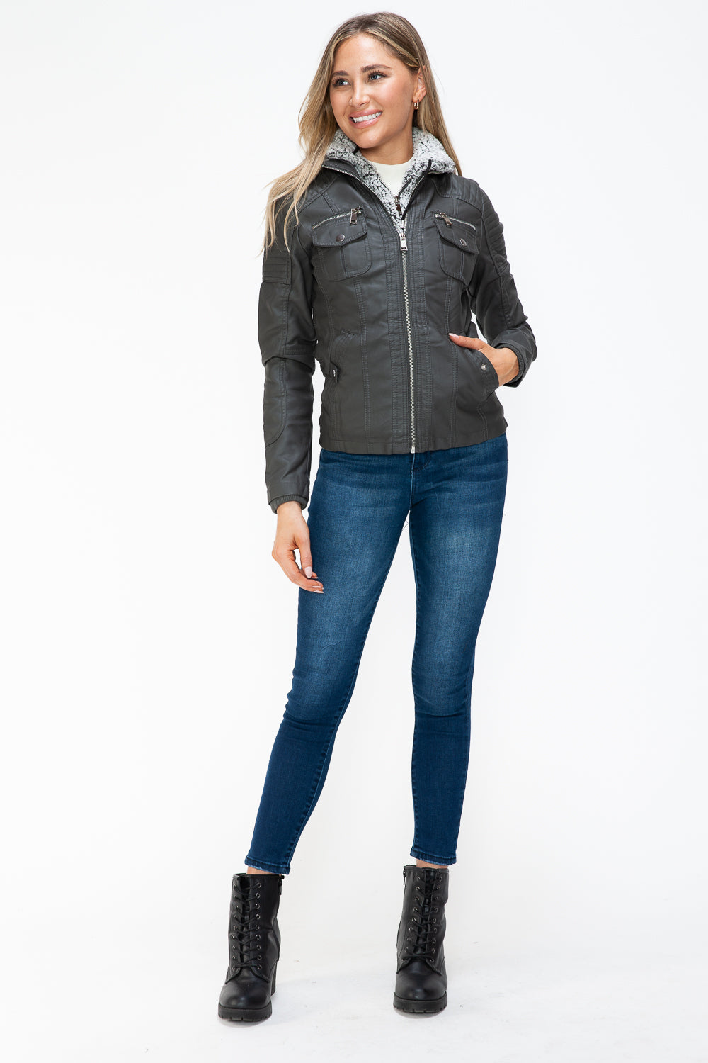 Blue Zone Planet | YMI Removable Faux Layered Multi-Pocket Jacket with Fuzzy Hood-TOPS / DRESSES-[Adult]-[Female]-2022 Online Blue Zone Planet