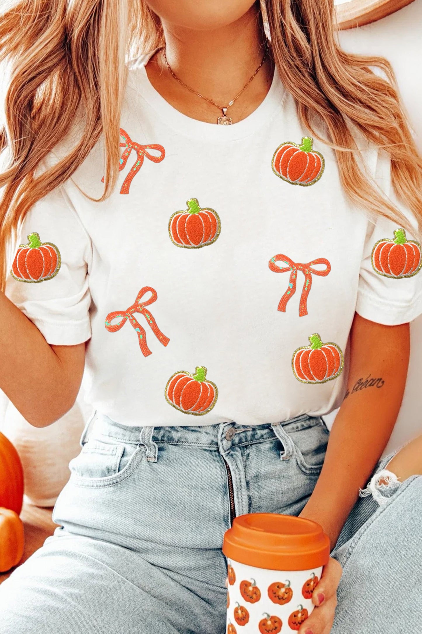 White Sequin Chenille Pumpkin Bow Pattern Casual Short T Shirt-Graphic/Graphic Tees-[Adult]-[Female]-White-S-2022 Online Blue Zone Planet