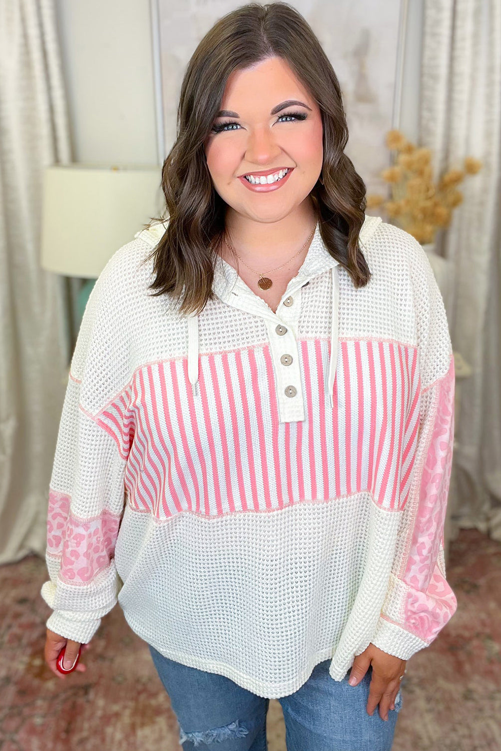 Pink Stripe Leopard Patchwork Waffle Knit Buttoned Plus Size Hoodie-Tops / Dresses-[Adult]-[Female]-2022 Online Blue Zone Planet