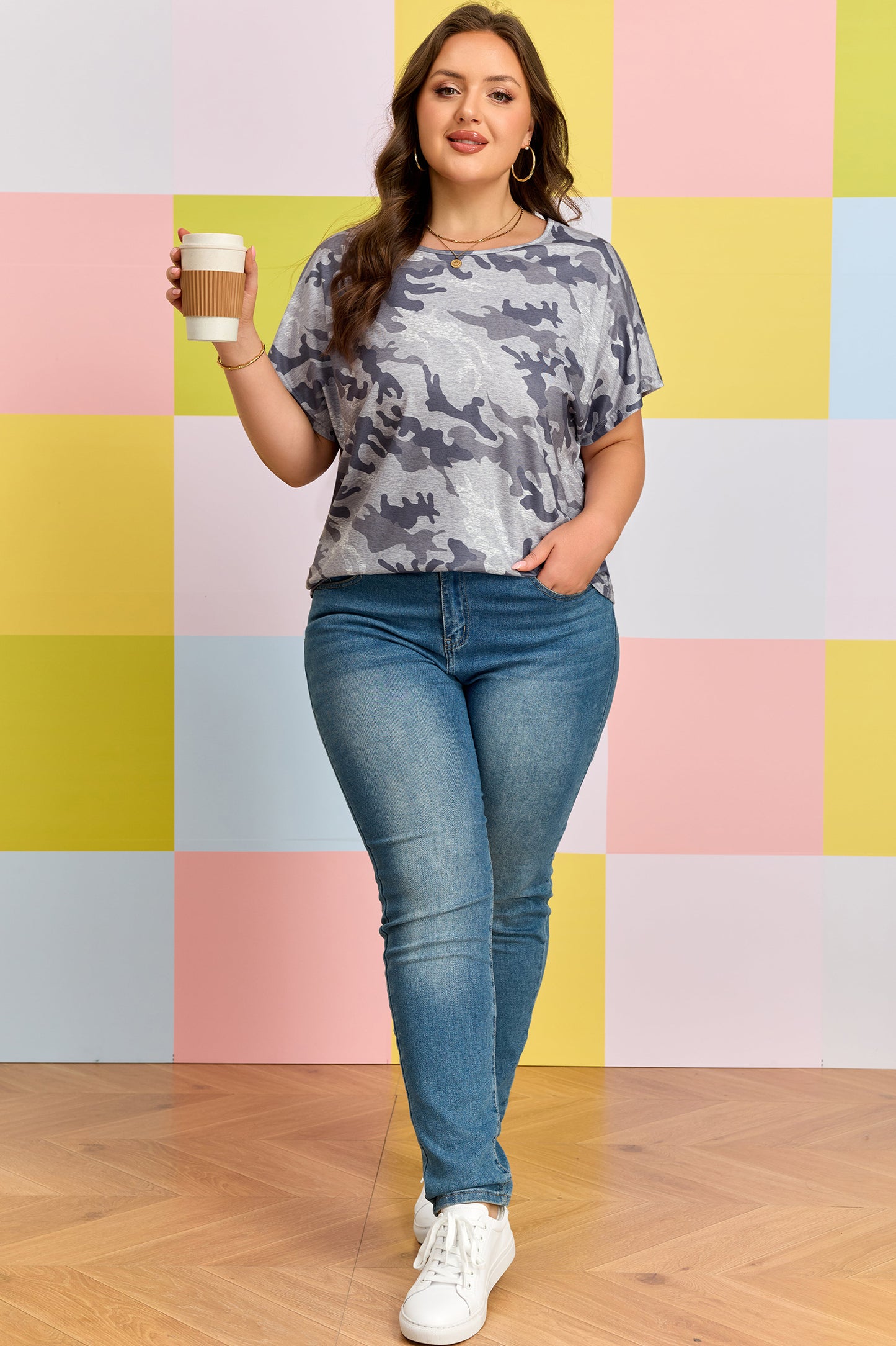 Gray Plus Size Camo Print Casual T Shirt-Plus Size/Plus Size Tops/Plus Size Tops & Tees-[Adult]-[Female]-2022 Online Blue Zone Planet