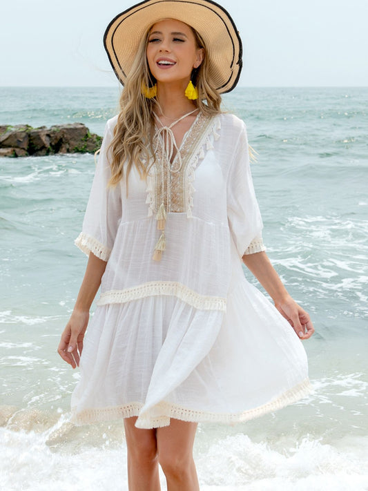 Tassel Lace Detail Half Sleeve Cover-Up Dress-TOPS / DRESSES-[Adult]-[Female]-White-One Size-2022 Online Blue Zone Planet