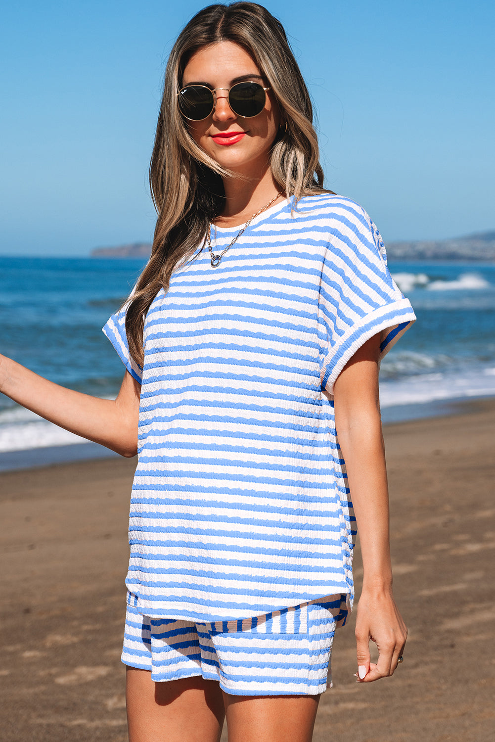 Sky Blue Stripe Knitted Short Sleeve Top and Drawstring Shorts Set-Two Piece Sets/Short Sets-[Adult]-[Female]-2022 Online Blue Zone Planet
