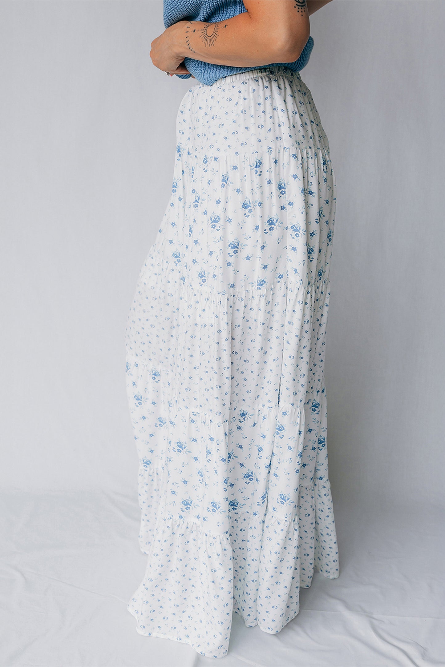 Sky Blue High Waist Tiny Floral Print Boho Maxi Skirt-Bottoms/Skirts & Petticoat-[Adult]-[Female]-2022 Online Blue Zone Planet
