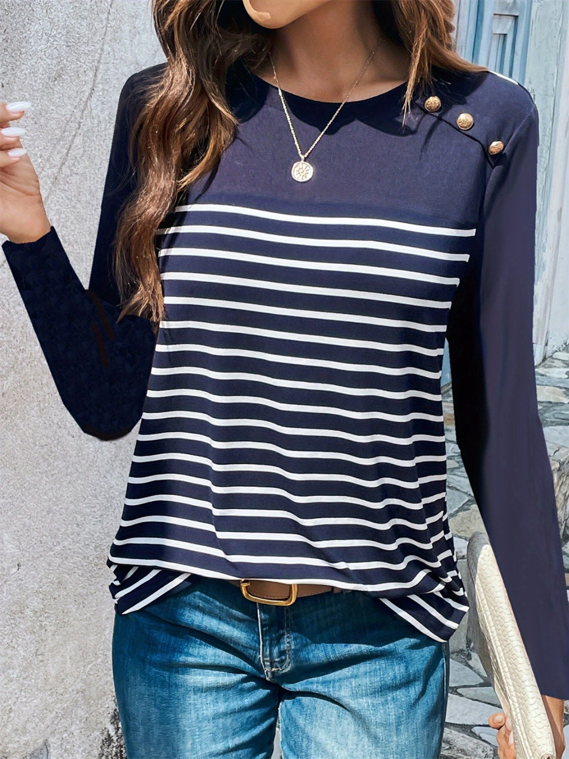 Blue Zone Planet | Decorative Button Striped Round Neck Long Sleeve T-Shirt-TOPS / DRESSES-[Adult]-[Female]-Indigo-S-2022 Online Blue Zone Planet