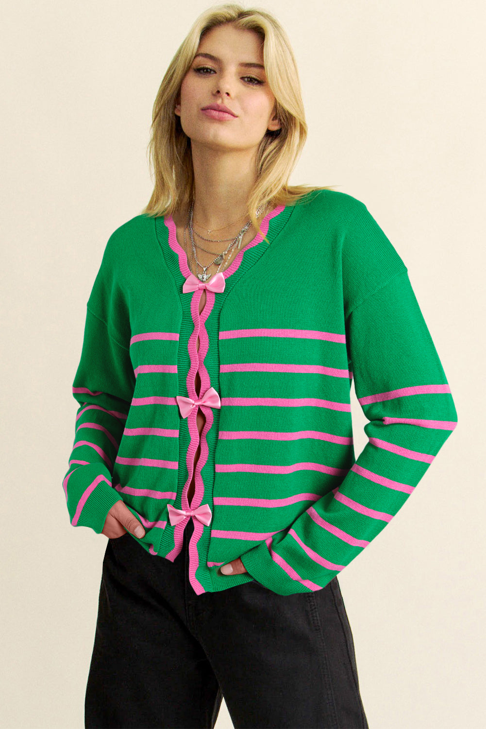 Blue Zone Planet | Green Stripe Ribbon Cute Bow Detail Sweater Knit Cardigan-Sweaters & Cardigans/Cardigans-[Adult]-[Female]-2022 Online Blue Zone Planet