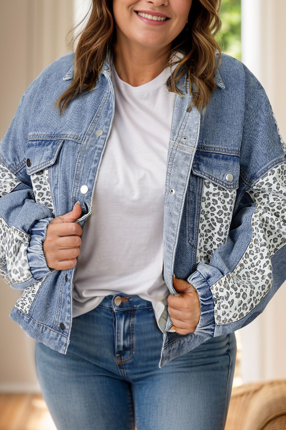 Plus Size Leopard Long Sleeve Denim Jacket-TOPS / DRESSES-[Adult]-[Female]-Medium-1XL-2022 Online Blue Zone Planet