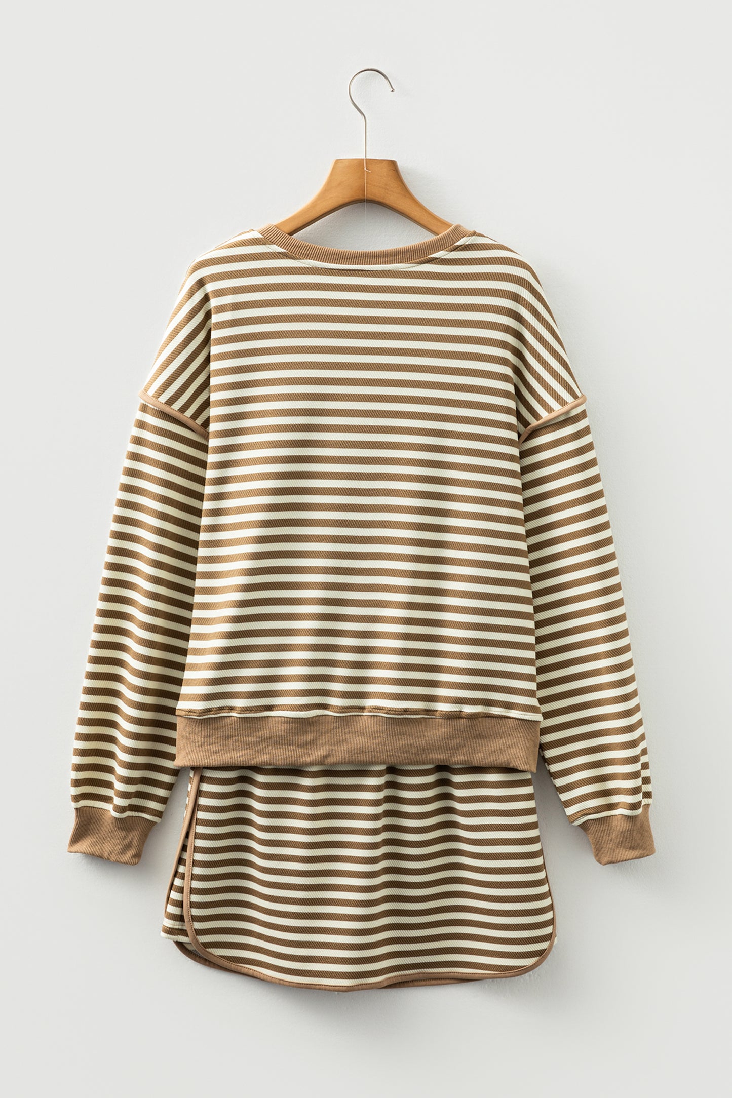 Brown Stripe Textured Drop Shoulder Pullover Top Drawstring Mini Skirt Two Piece Dress Set-TOPS / DRESSES-[Adult]-[Female]-2022 Online Blue Zone Planet