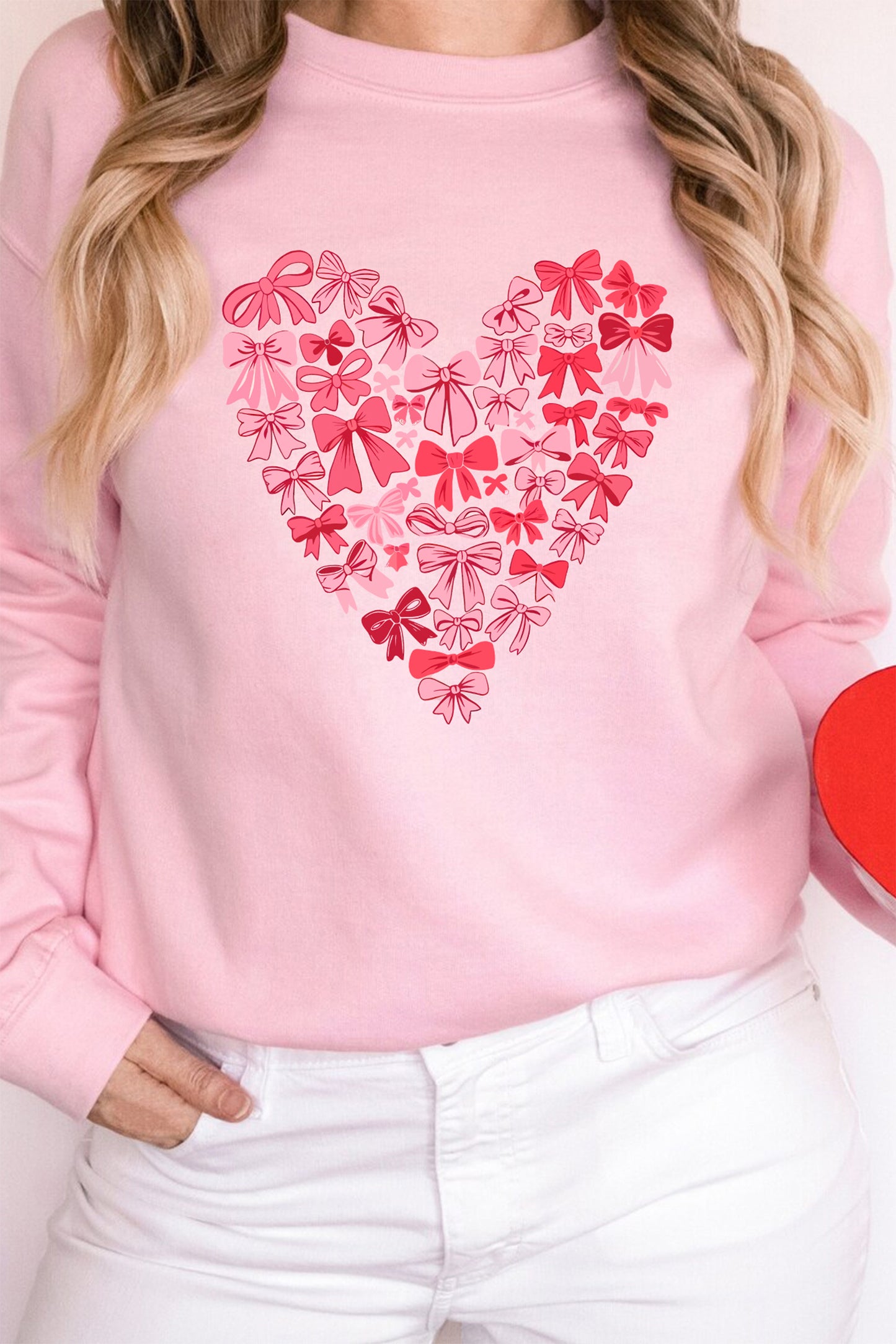 Pink Bow Printed Big Heart Valentines Day Pullover Sweatshirt-Graphic Sweatshirts-[Adult]-[Female]-2022 Online Blue Zone Planet
