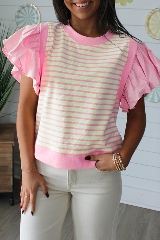Pink Stripe Ruffled Short Sleeve Patchwork Blouse-Tops/Blouses & Shirts-[Adult]-[Female]-Pink Stripe-S-2022 Online Blue Zone Planet