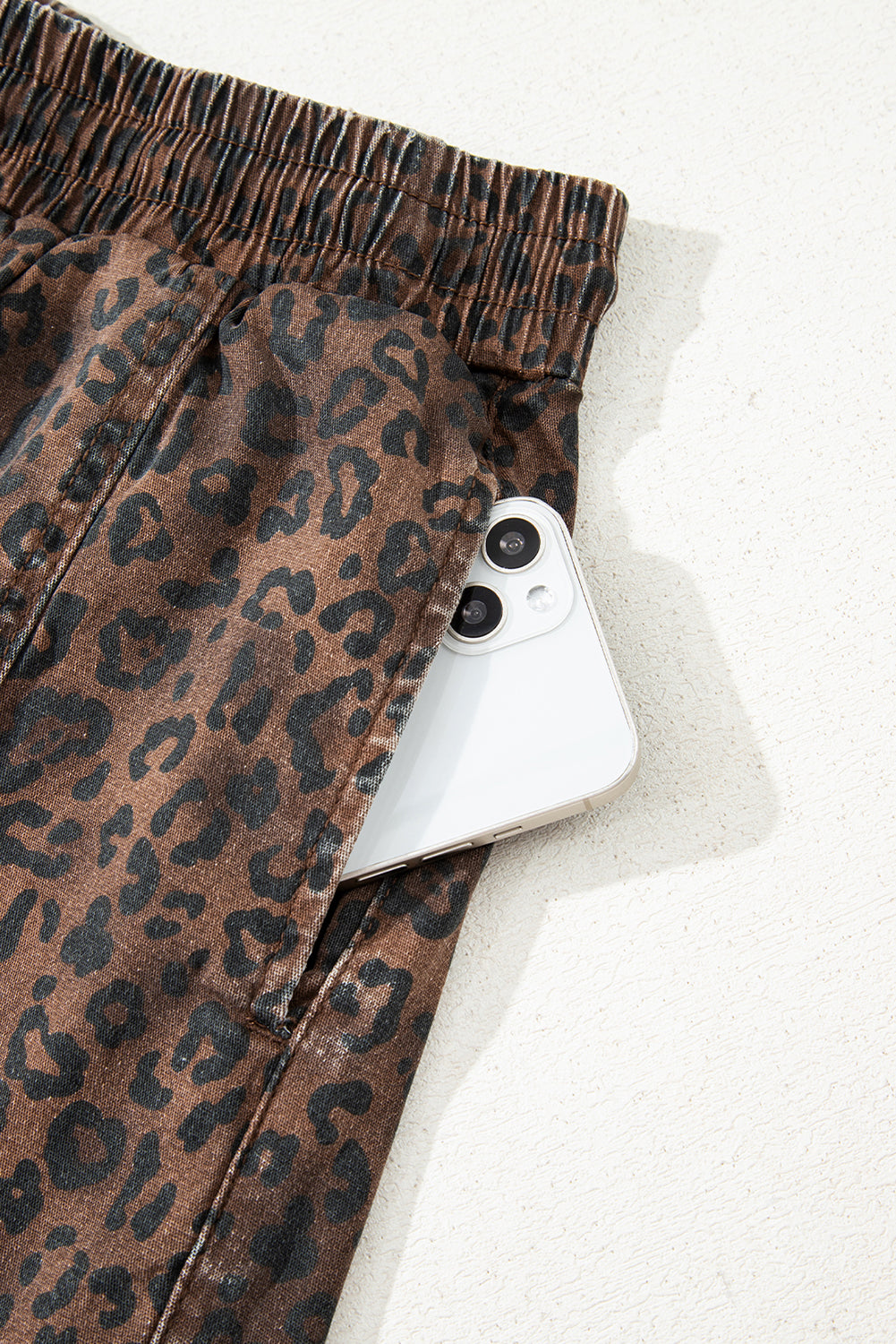 Brown Leopard Print Elastic Waist Drawstring Denim Skort-Bottoms/Denim Shorts-[Adult]-[Female]-2022 Online Blue Zone Planet