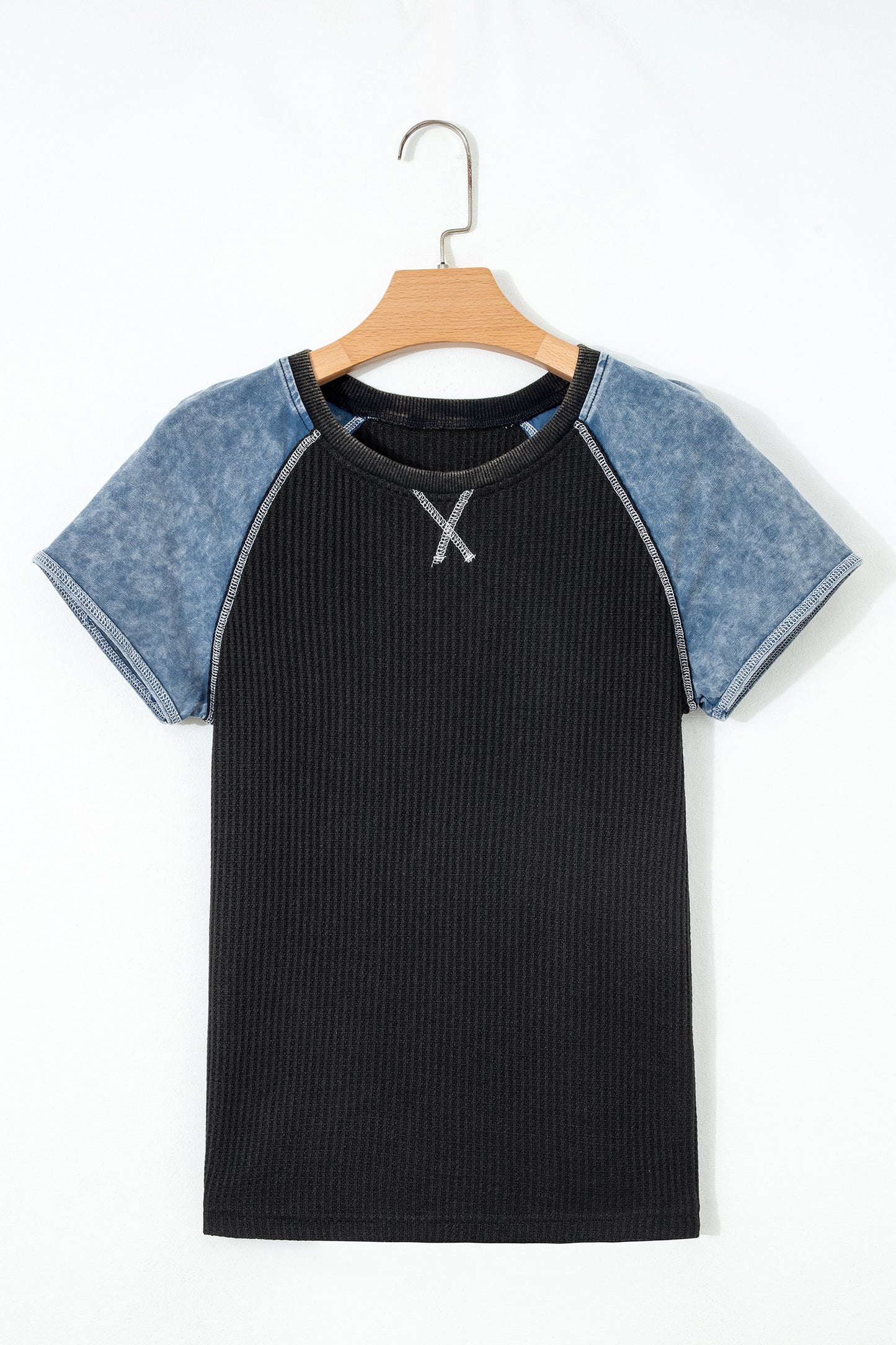 Carbon Grey Waffle Knit Seam Detail Color Block Patchwork Short Sleeve Top-Tops/Tops & Tees-[Adult]-[Female]-2022 Online Blue Zone Planet