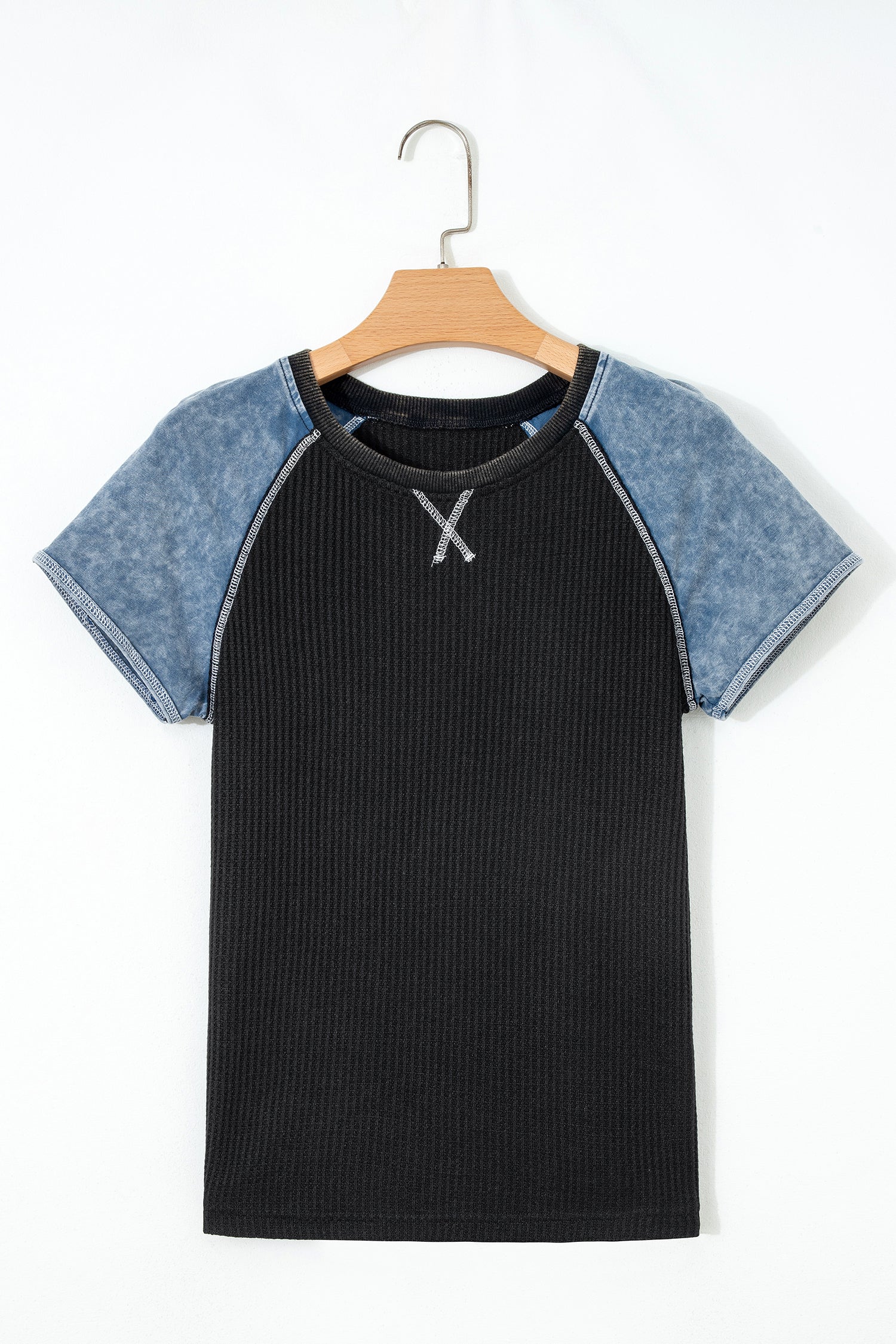 Carbon Grey Waffle Knit Seam Detail Color Block Patchwork Short Sleeve Top-Tops/Tops & Tees-[Adult]-[Female]-2022 Online Blue Zone Planet