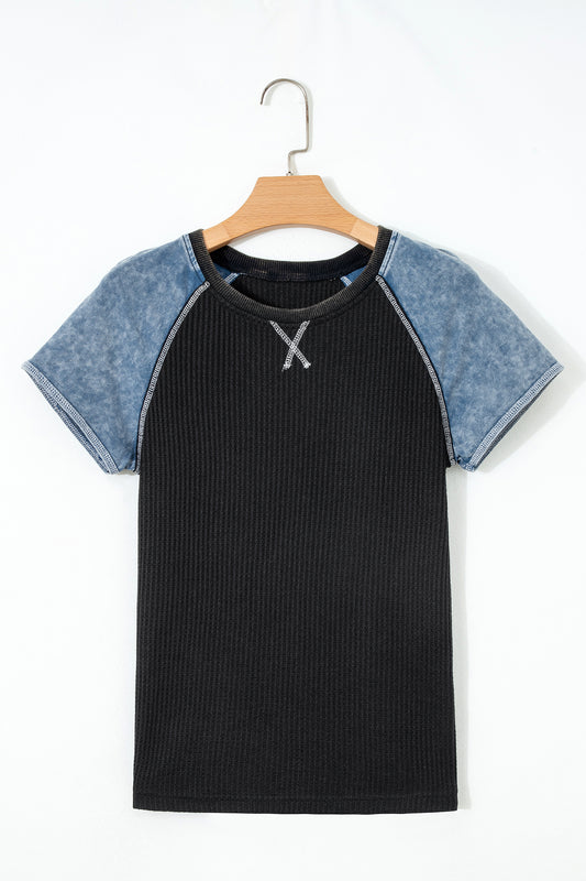 Carbon Grey Waffle Knit Seam Detail Color Block Patchwork Short Sleeve Top-Tops/Tops & Tees-[Adult]-[Female]-2022 Online Blue Zone Planet