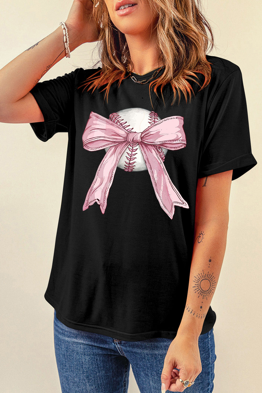Black Baseball Bow Knot Print Round Neck T Shirt-Graphic/Graphic Tees-[Adult]-[Female]-2022 Online Blue Zone Planet