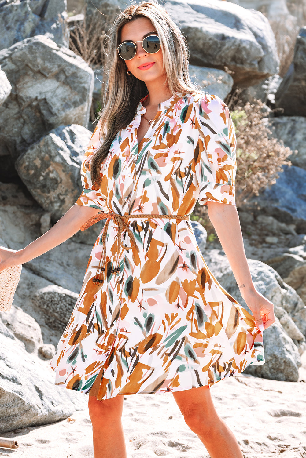 Brown Abstract Printed Puff Sleeve Button Up Braided Belt Mini Dress-Dresses/Mini Dresses-[Adult]-[Female]-2022 Online Blue Zone Planet