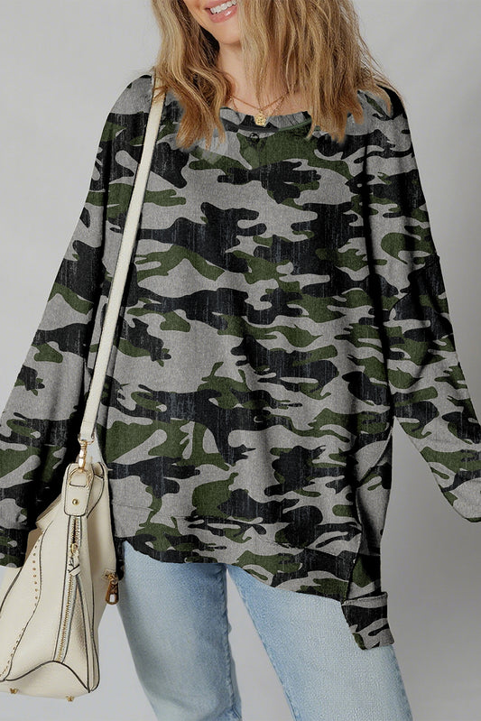 Green Retro Camouflage Print Exposed Seam Patchwork Drop Shoulder Sweatshirt-Tops/Sweatshirts & Hoodies-[Adult]-[Female]-2022 Online Blue Zone Planet