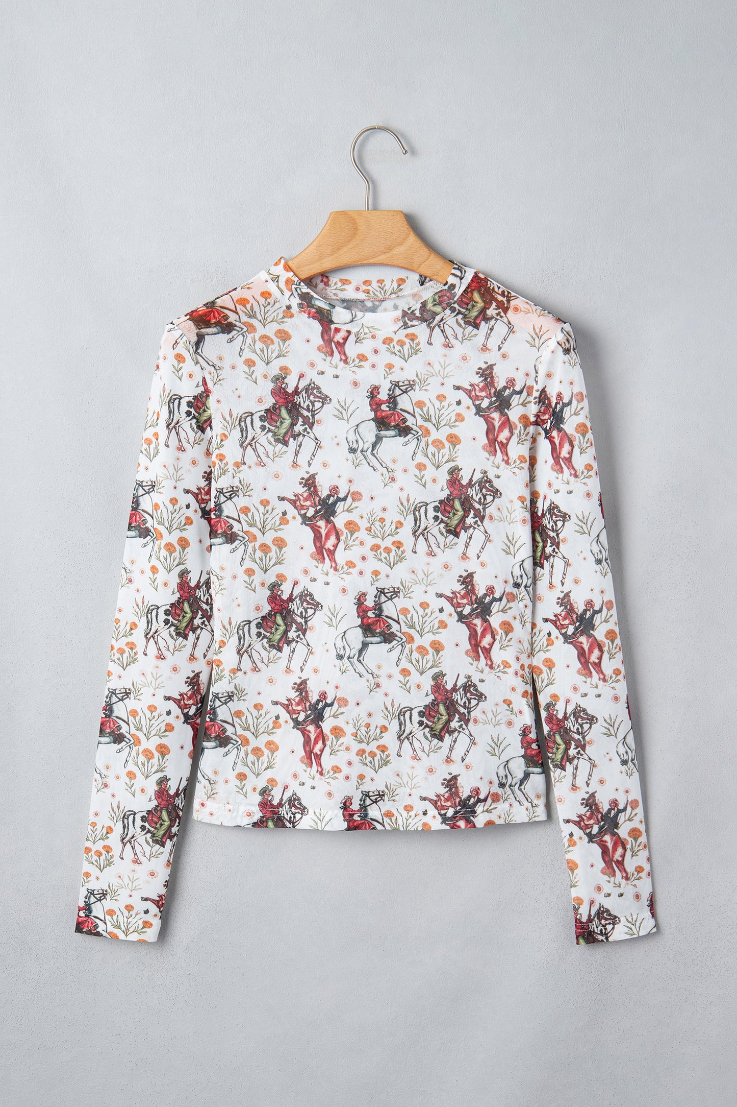 Beige Western Cowboy Floral Print Sheer Mesh Long Sleeve Top