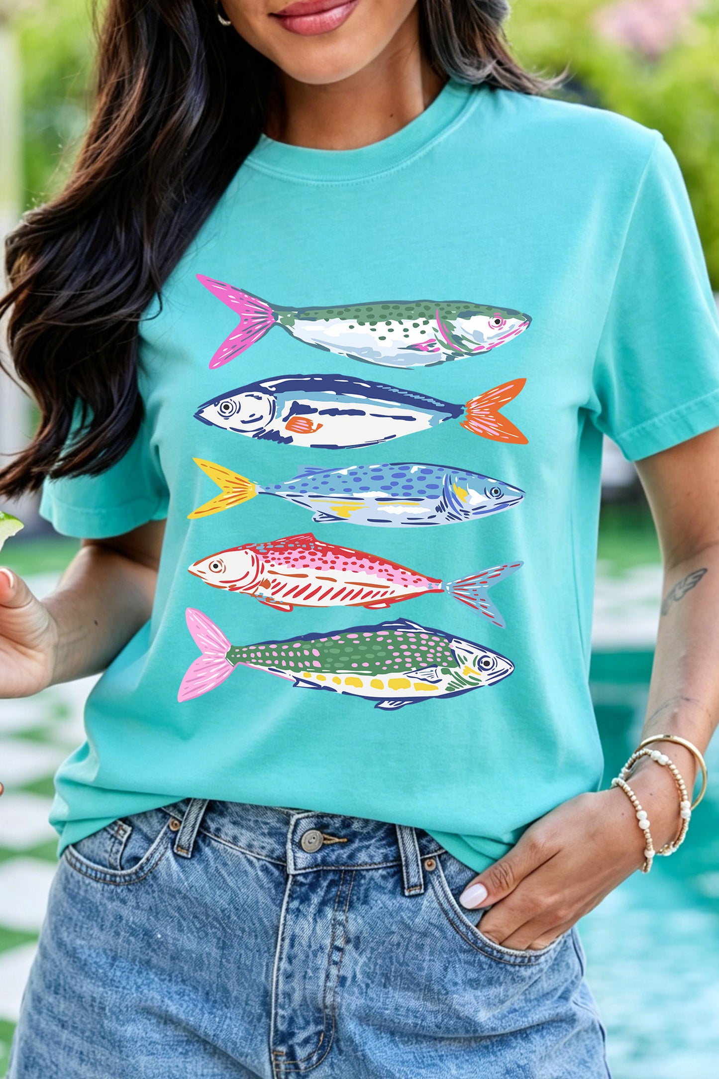 Mint Green Vibrant Fish Print Casual Short Sleeve T Shirt-Graphic/Graphic Tees-[Adult]-[Female]-2022 Online Blue Zone Planet