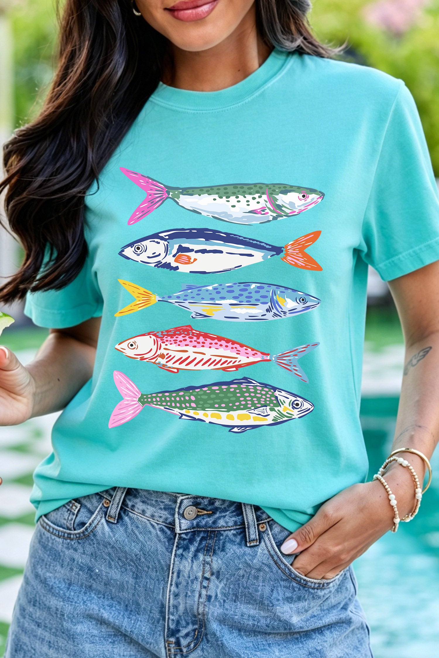Mint Green Vibrant Fish Print Casual Short Sleeve T Shirt-Graphic/Graphic Tees-[Adult]-[Female]-2022 Online Blue Zone Planet