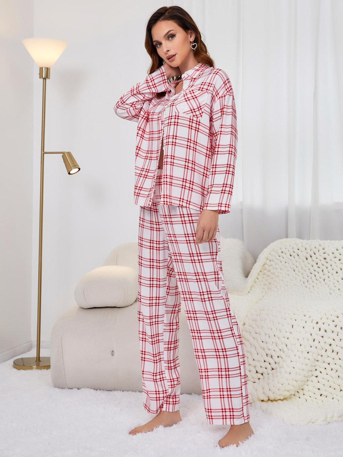 Plaid Collared Neck Long Sleeve Top and Pants Lounge Set-TOPS / DRESSES-[Adult]-[Female]-2022 Online Blue Zone Planet