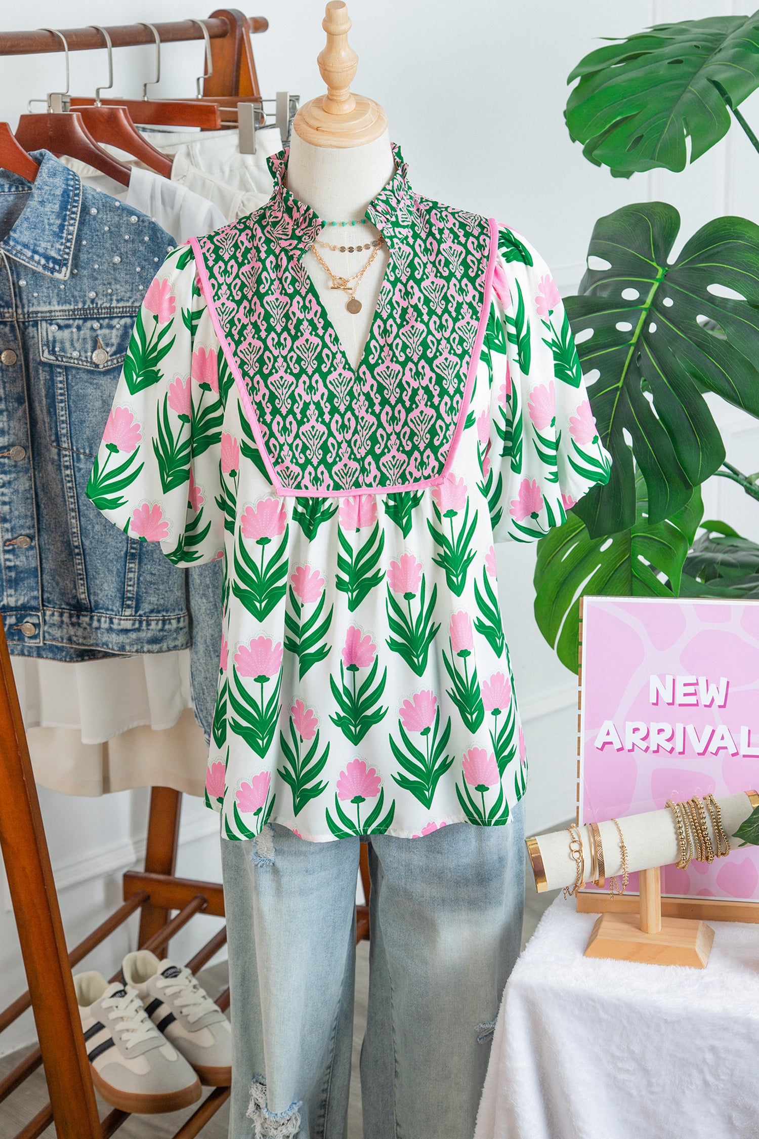 Multicolour Floral Print Puff Sleeve Contrast Bordered V Neck Blouse-Tops/Blouses & Shirts-[Adult]-[Female]-2022 Online Blue Zone Planet