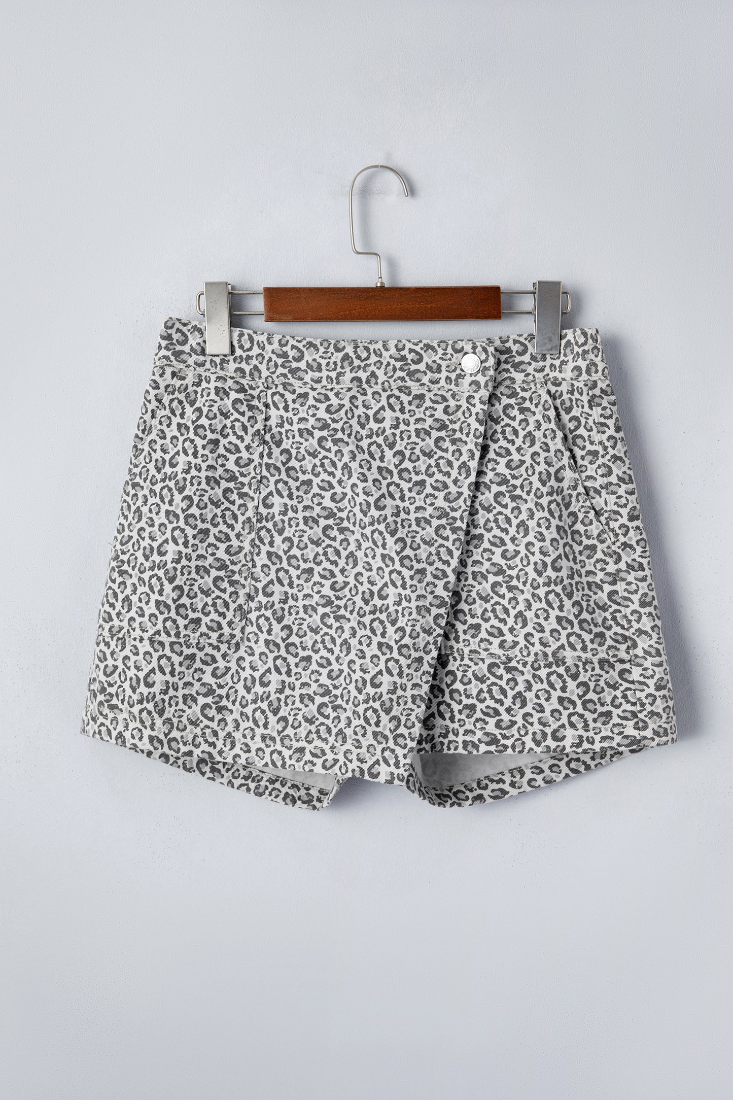 Gray Leopard Print Wrap Front Denim Shorts-Bottoms/Denim Shorts-[Adult]-[Female]-2022 Online Blue Zone Planet
