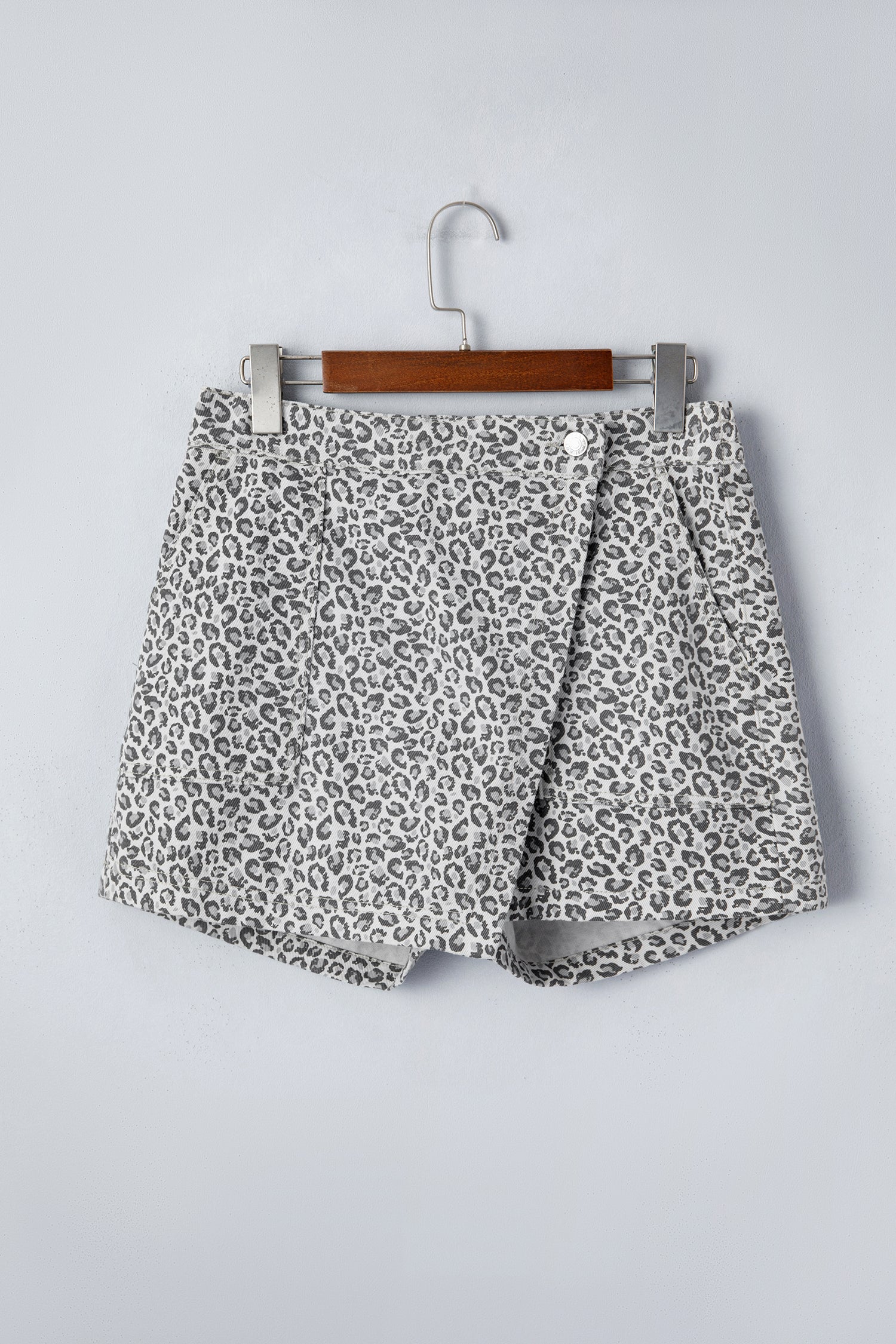 Gray Leopard Print Wrap Front Denim Shorts-Bottoms/Denim Shorts-[Adult]-[Female]-2022 Online Blue Zone Planet