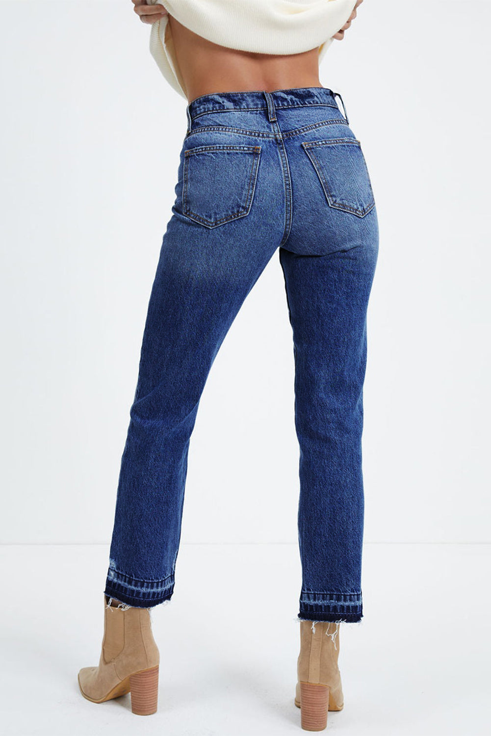 Dark Blue Whiskered Wash Raw Hem Cropped Jeans-Bottoms/Jeans-[Adult]-[Female]-2022 Online Blue Zone Planet