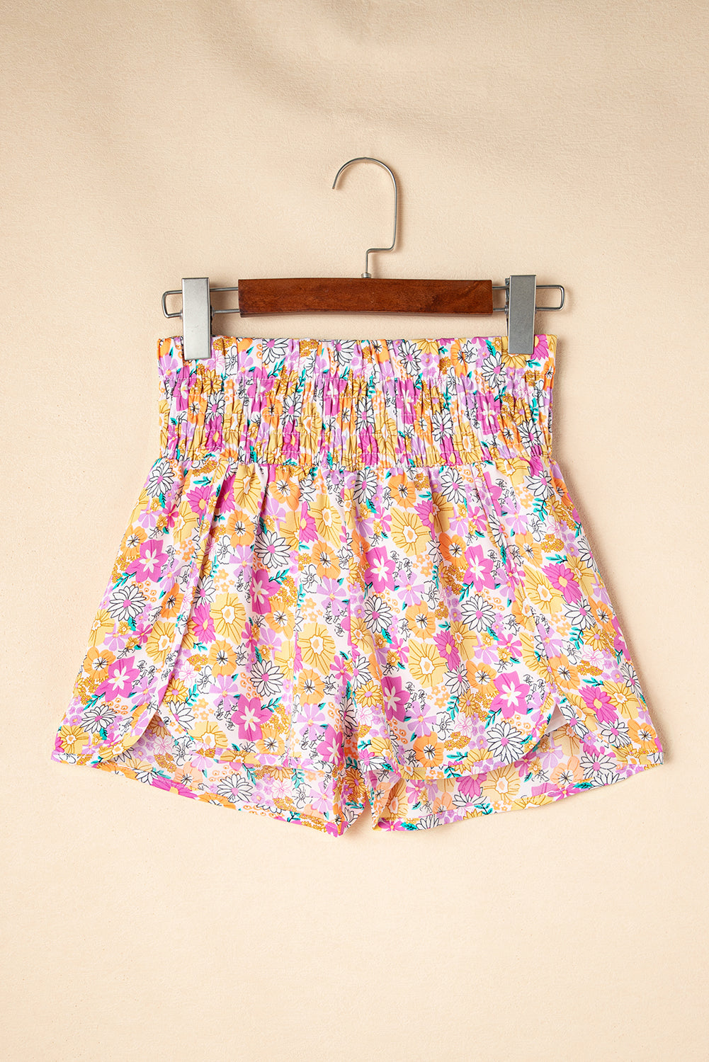 Orange Boho Floral Shirred High Waist Casual Shorts-Bottoms/Casual Shorts-[Adult]-[Female]-2022 Online Blue Zone Planet