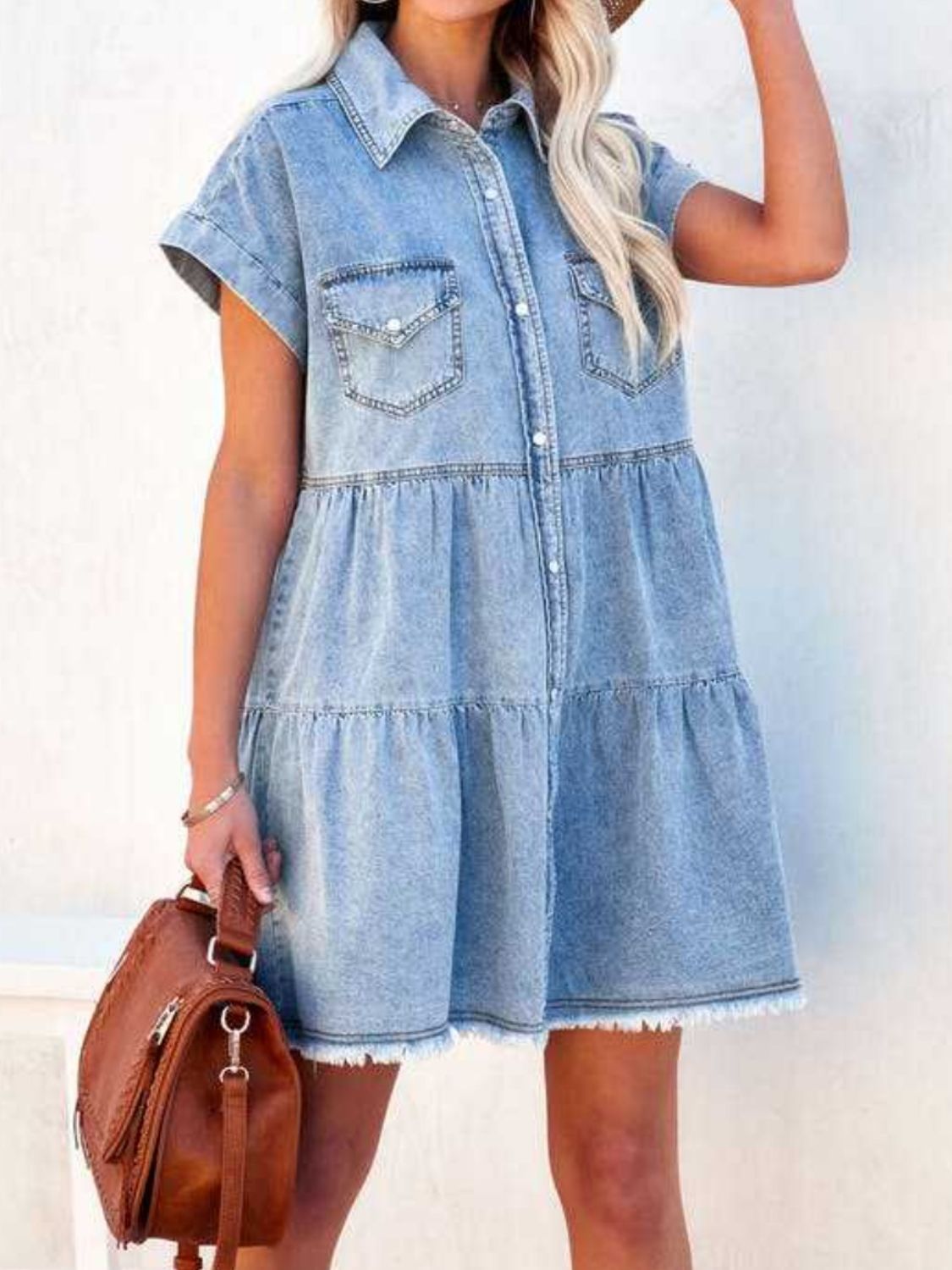 Raw Hem Short Sleeve Denim Dress-TOPS / DRESSES-[Adult]-[Female]-Light Blue-S-2022 Online Blue Zone Planet