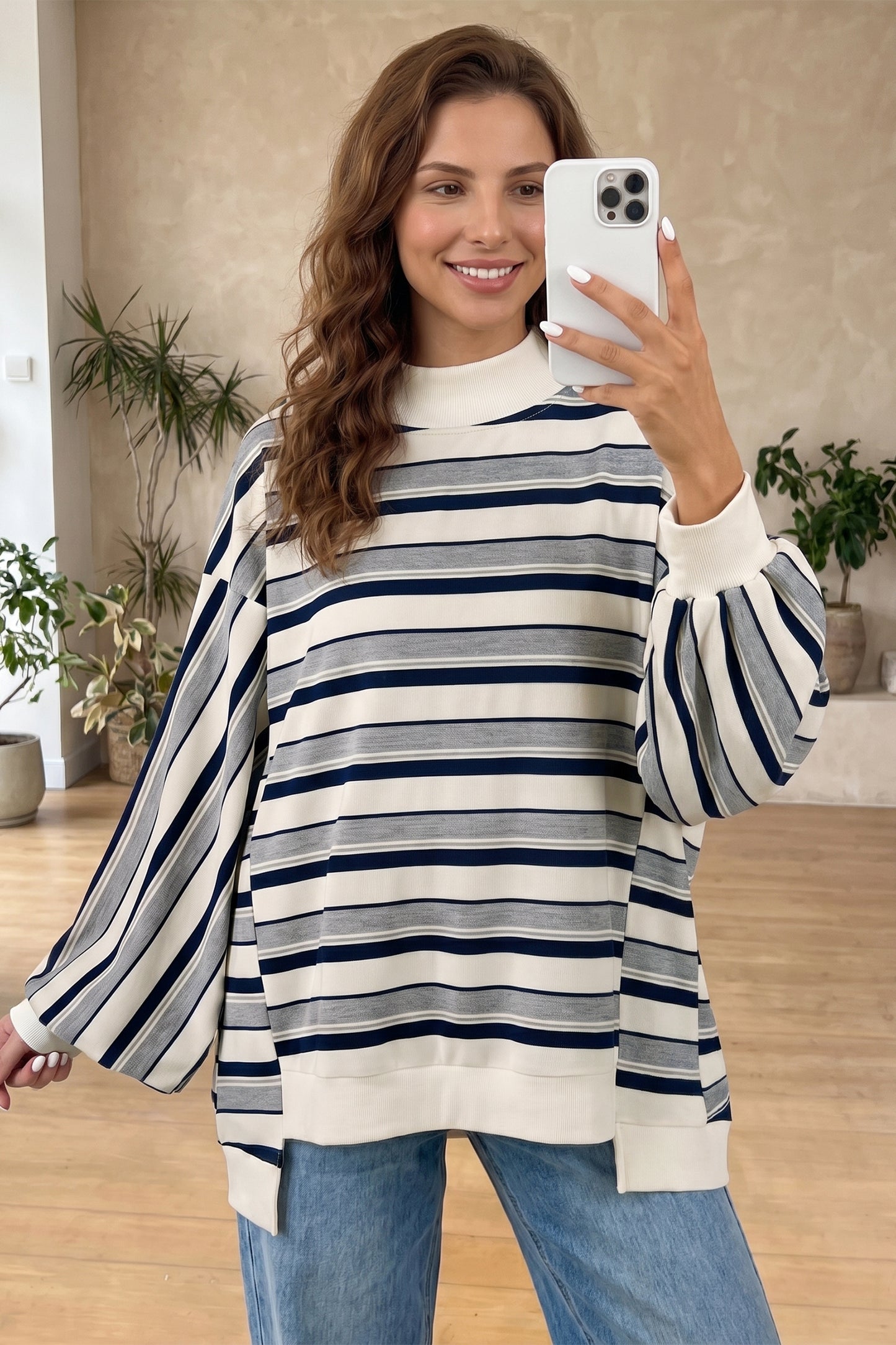 Blue Stripe Striped Ribbed Stand Neck Long Sleeve Shift Silhouette Sweatshirt-Tops/Sweatshirts & Hoodies-[Adult]-[Female]-2022 Online Blue Zone Planet