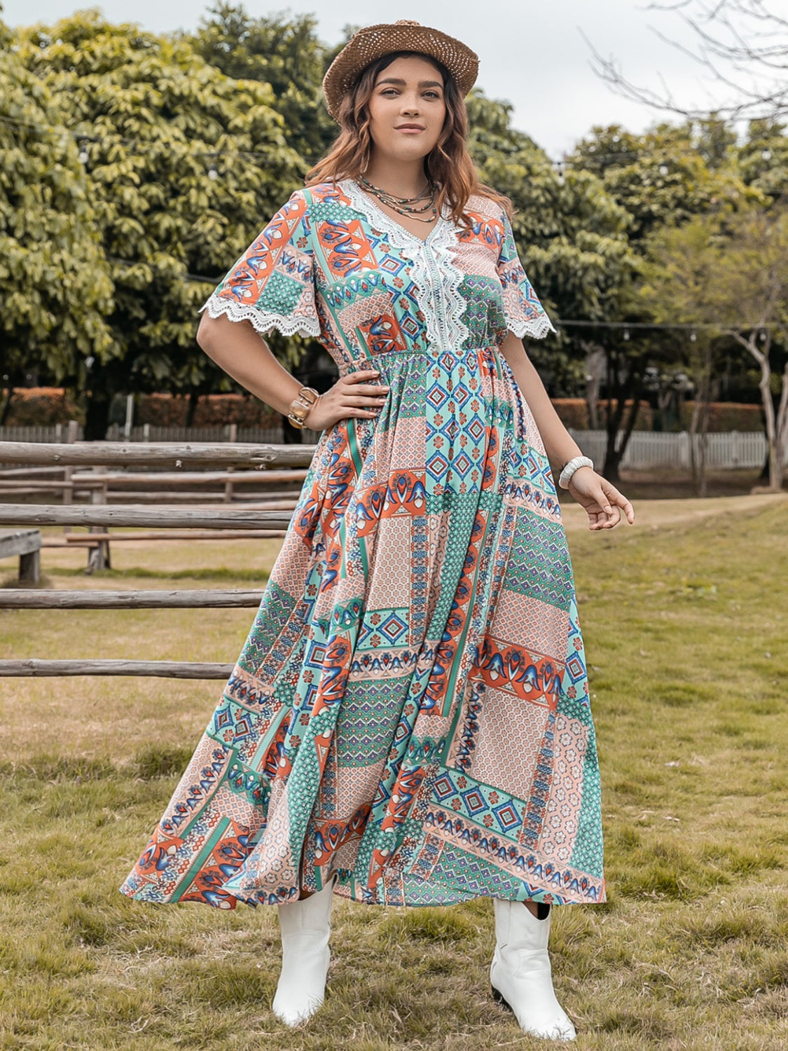 Plus Size Lace Detail Printed Half Sleeve Midi Dress-TOPS / DRESSES-[Adult]-[Female]-Turquoise-0XL-2022 Online Blue Zone Planet