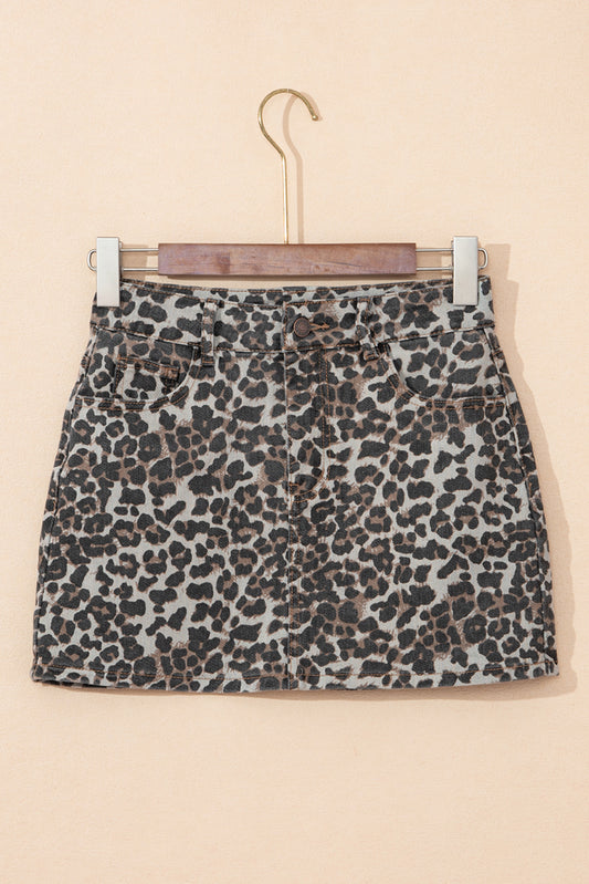 Khaki Leopard Denim Mini Skirt-Bottoms/Skirts & Petticoat-[Adult]-[Female]-2022 Online Blue Zone Planet