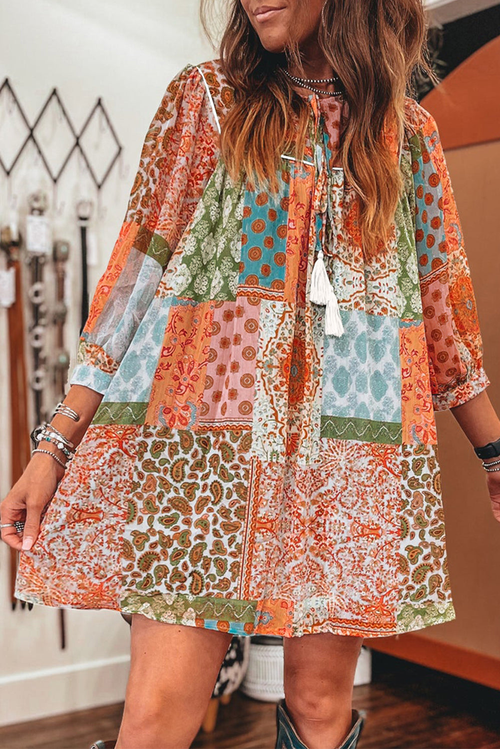 Orange Boho Paisley Mixed Print 3/4 Sleeve Chiffon Loose Dress-Dresses/Mini Dresses-[Adult]-[Female]-Orange-S-2022 Online Blue Zone Planet