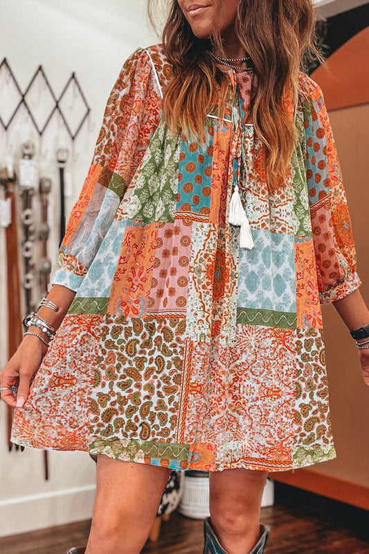 Orange Boho Paisley Mixed Print 3/4 Sleeve Chiffon Loose Dress-Dresses/Mini Dresses-[Adult]-[Female]-Orange-S-2022 Online Blue Zone Planet