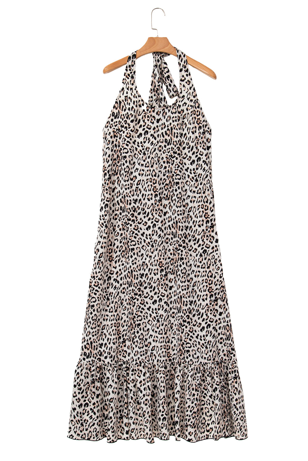 Brown Leopard Printed Halter Neck Backless Ruffled Hem Maxi Dress-Maxi Dresses-[Adult]-[Female]-2022 Online Blue Zone Planet