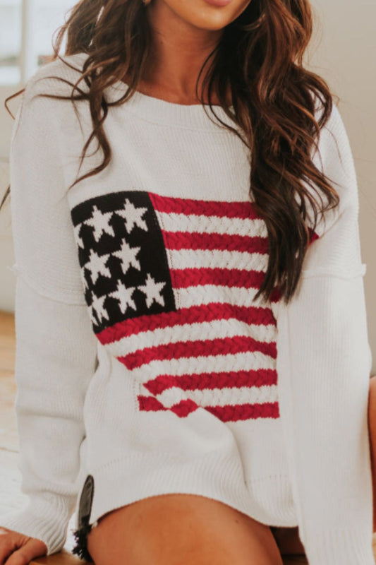 US Flag Side Slit Drop Shoulder Sweater-TOPS / DRESSES-[Adult]-[Female]-White-M-2022 Online Blue Zone Planet