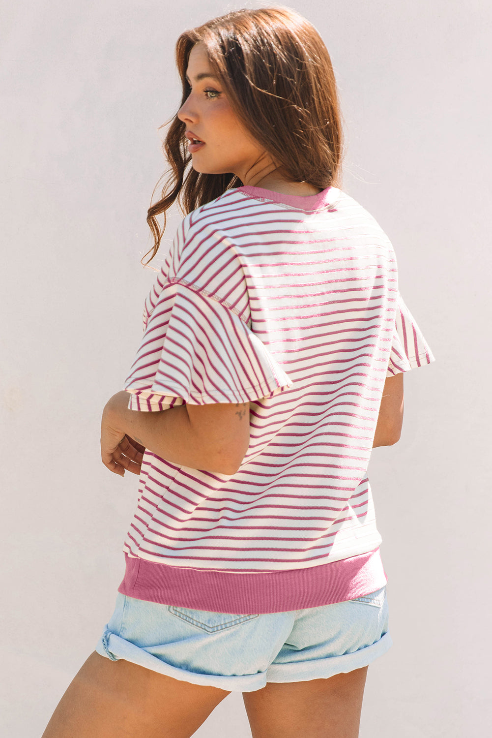 Sachet Pink Contrast Detail Striped Ruffle Short Sleeve Top-Tops/Tops & Tees-[Adult]-[Female]-2022 Online Blue Zone Planet