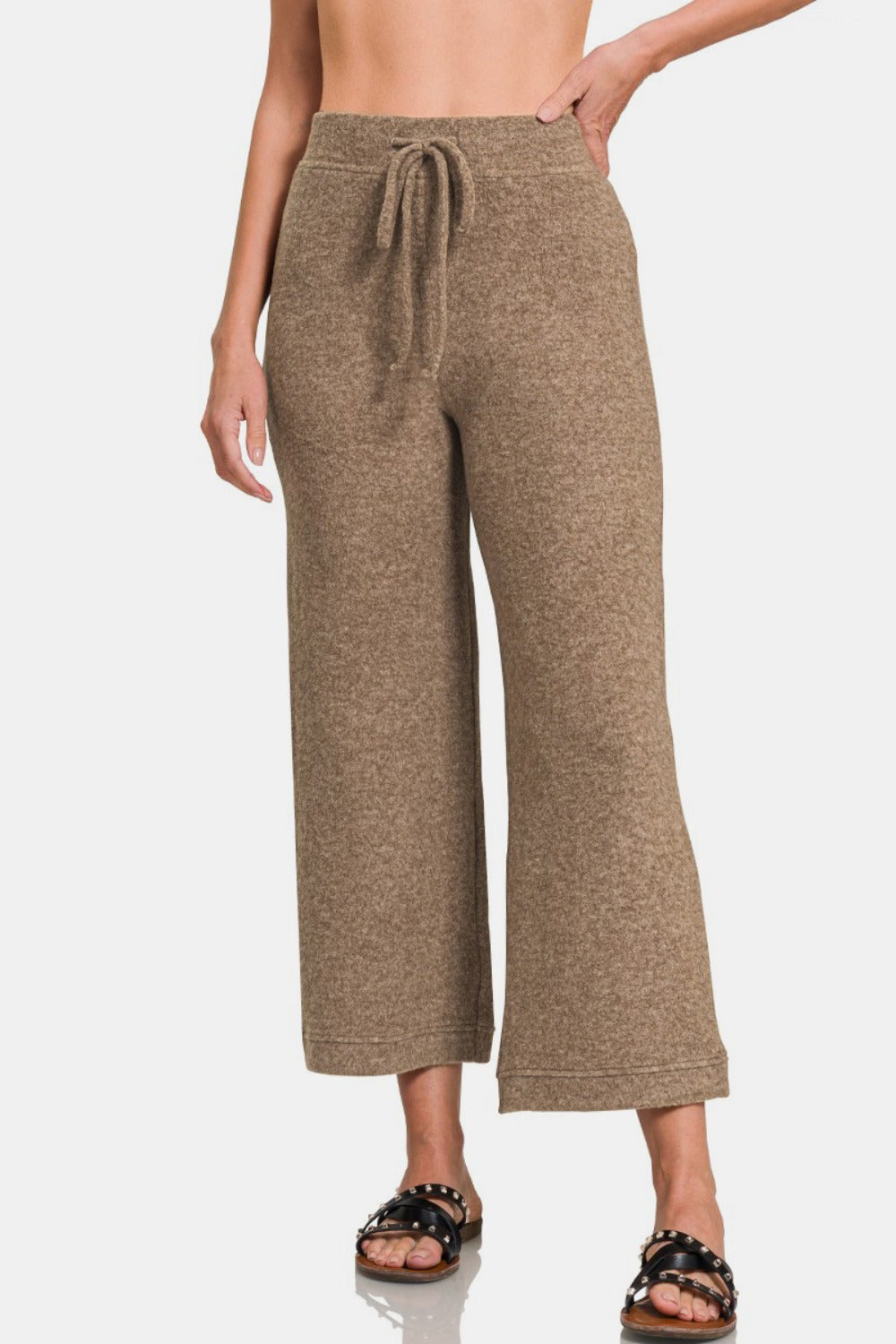 Blue Zone Planet | Zenana Drawstring Hacci Cropped Pants-BOTTOMS SIZES SMALL MEDIUM LARGE-[Adult]-[Female]-Mocha-S-2022 Online Blue Zone Planet