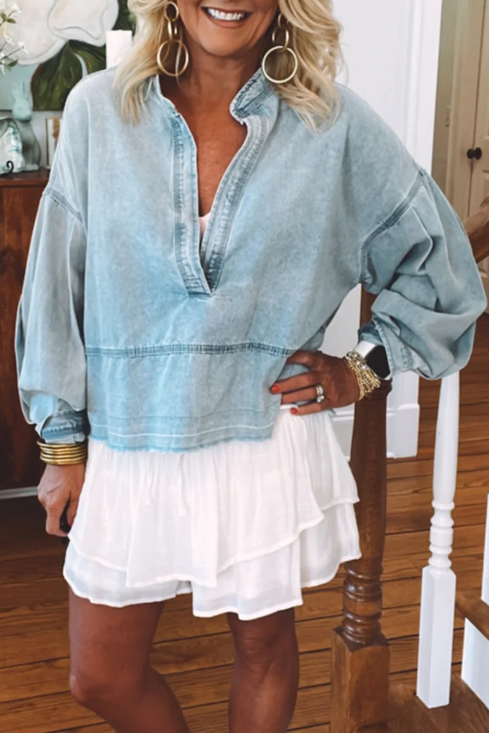 Blue Zone Planet | Slit Raw Hem Notched Denim Top-TOPS / DRESSES-[Adult]-[Female]-2022 Online Blue Zone Planet