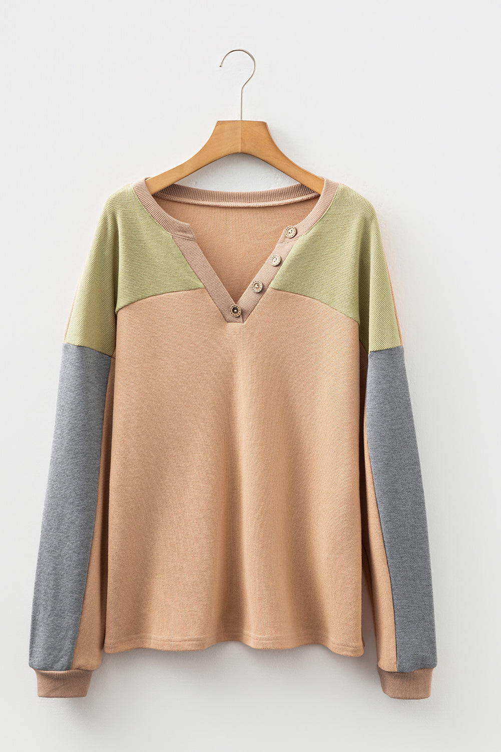 Buckskin Color Block Thermal Textured Knit Drop Shoulder Henley Top-Tops/Long Sleeve Tops-[Adult]-[Female]-2022 Online Blue Zone Planet